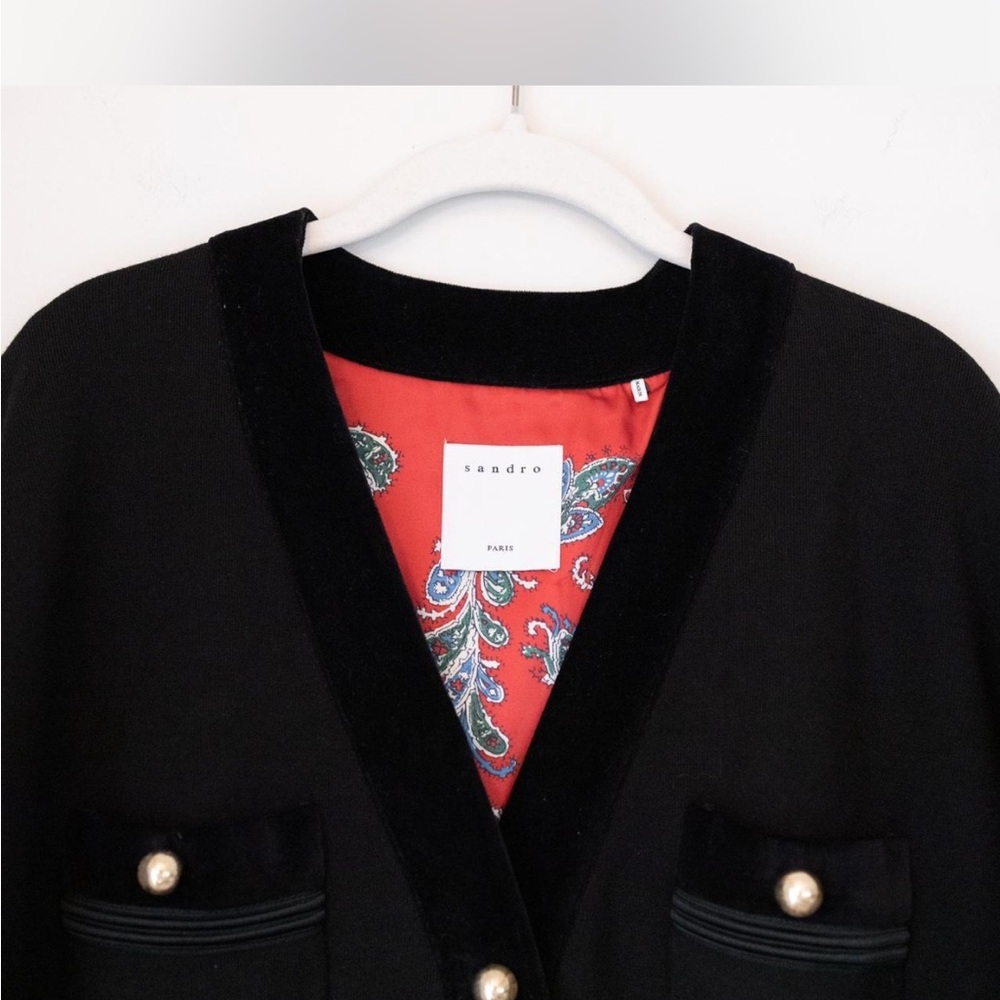 Sandro velvet trim Cardigan with gold buttons S EUC - Picture 5 of 8